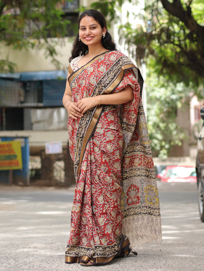 Red Hand Block Printed Kalamkari Nizam Border Silk Sare