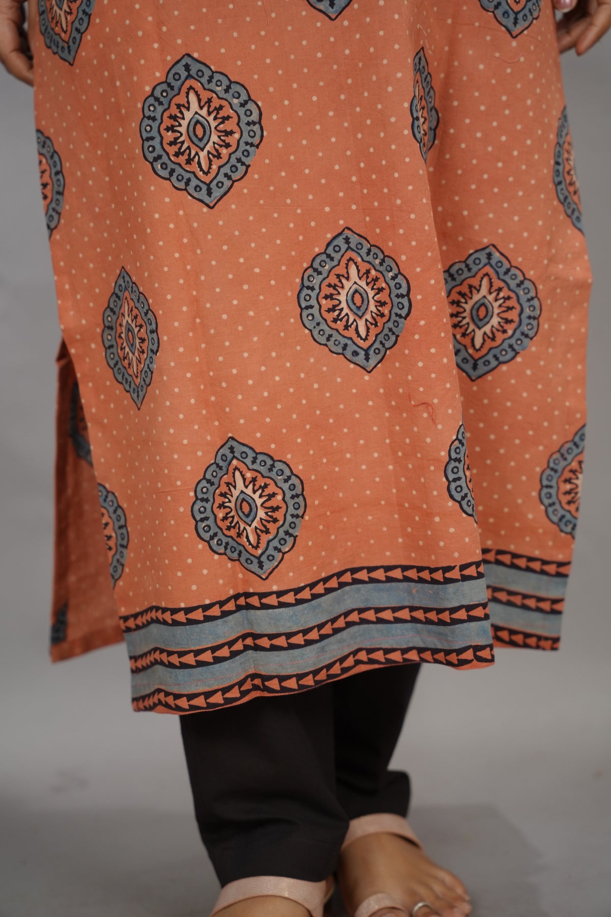 Peach Ajrakh Pattern Hand Block printed Kurti | Looms & Tassels