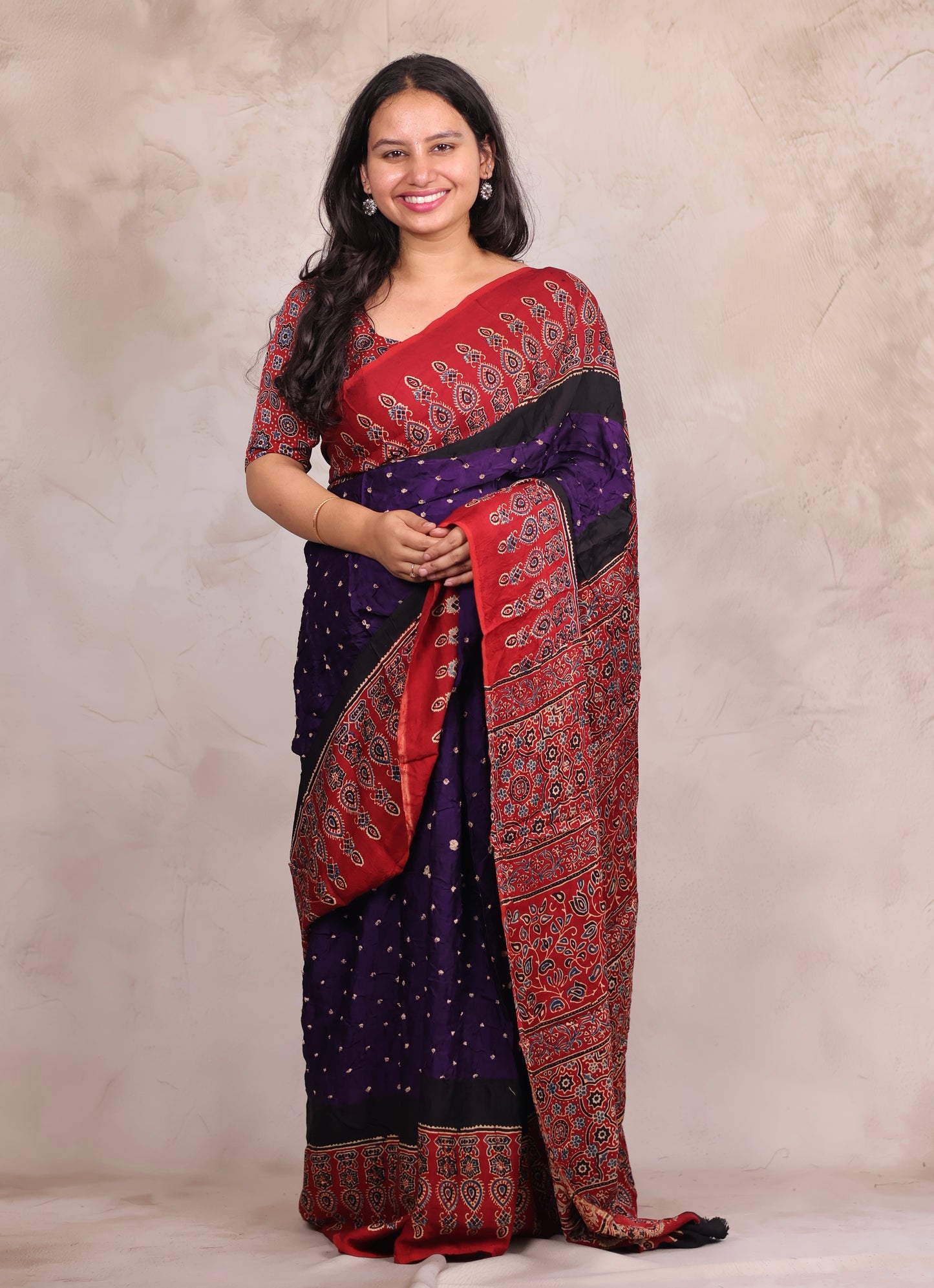 Purple Hand Knotted Ajrakh Bandhej Modal Silk Saree | Looms & Tassels