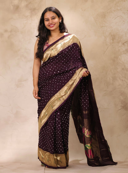 Deep Purple Handcrafted Bandhani Paithani Dola Silk Saree | Looms & Tassels