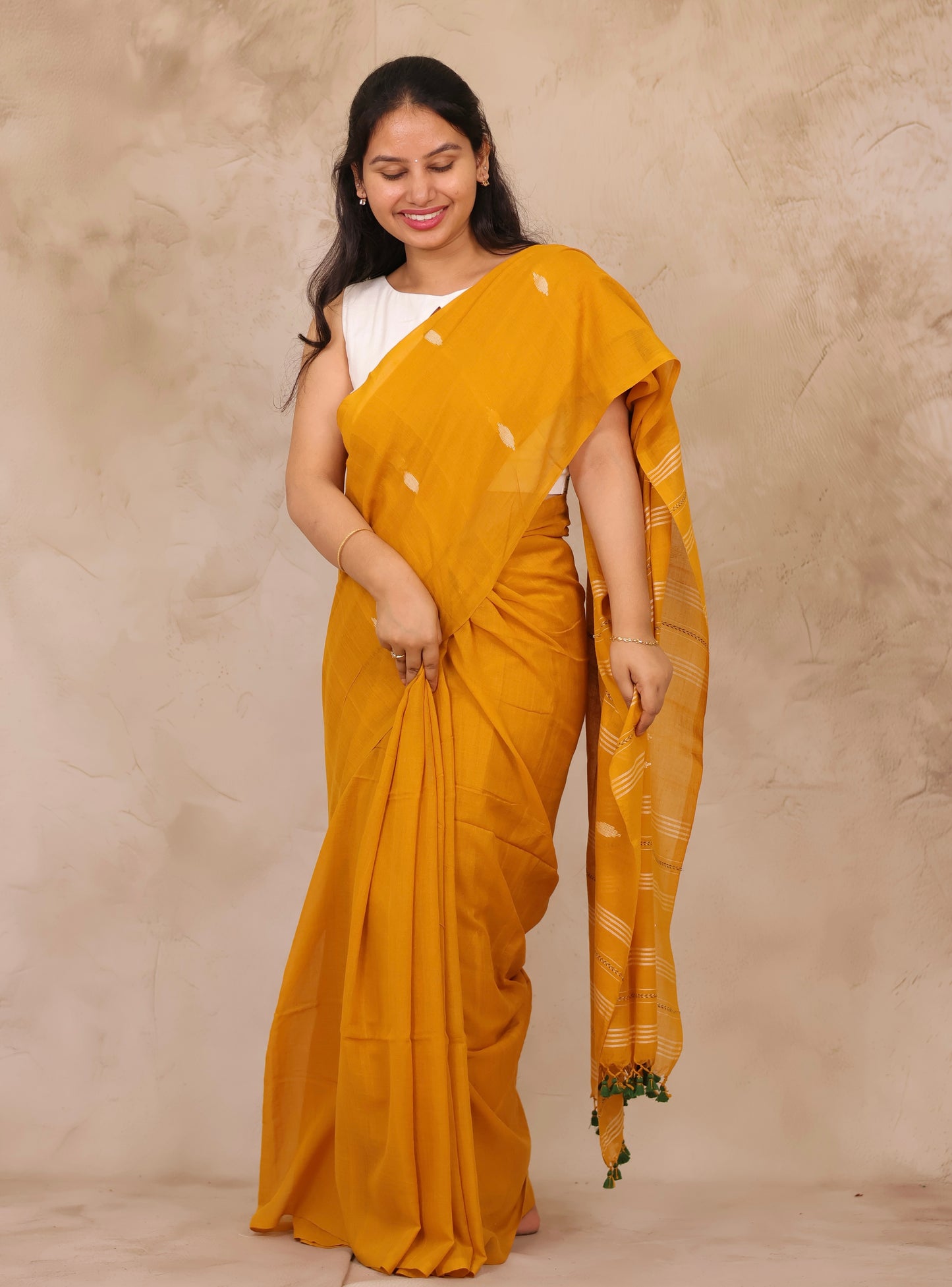 Mustard Malai Cotton Saree with Butta Weaving | Looms & Tassels