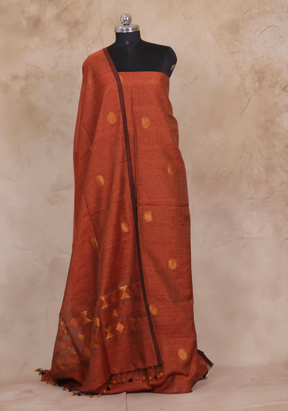 Rust Handwoven Jamdhani weaving Tissue Linen 2 piece suit sets | Looms & Tassels