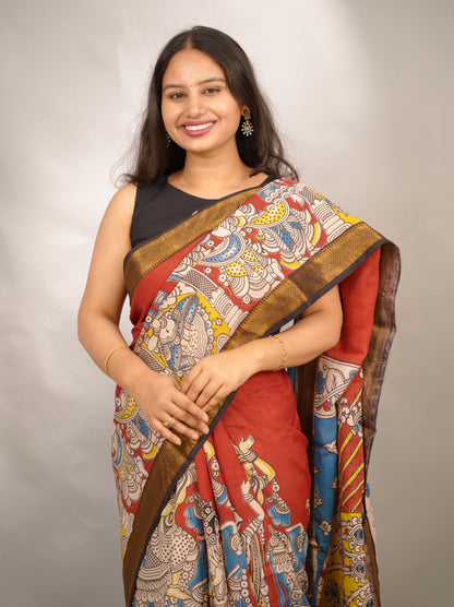 Maroon Kalamkari Nizam Border Chennur Silk Saree | Looms & Tassels