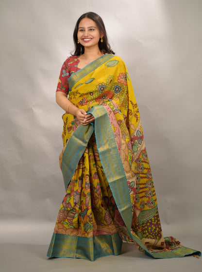 Yellow Hand Drawn Pen Kalamkari Bangalore Silk Kanchi Border Saree | Looms & Tassels