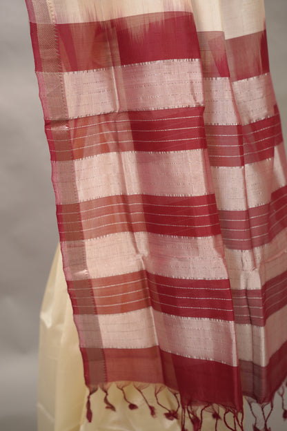 Off White & Maroon Handloom Mangalagiri Silk Saree| Looms & Tassels