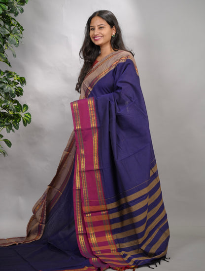 Blue Narayanpet Cotton Saree With Ganga And Jamuna Border | Looms & Tassels