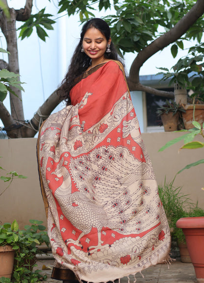 Rust Traditional Folks Kalamkari Silk Handcrafted Nizam Border Saree