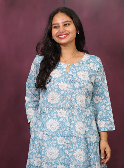 Powder Blue Pure Mul Cotton Aline Kurta Set (Set of 2) | Looms & Tassels