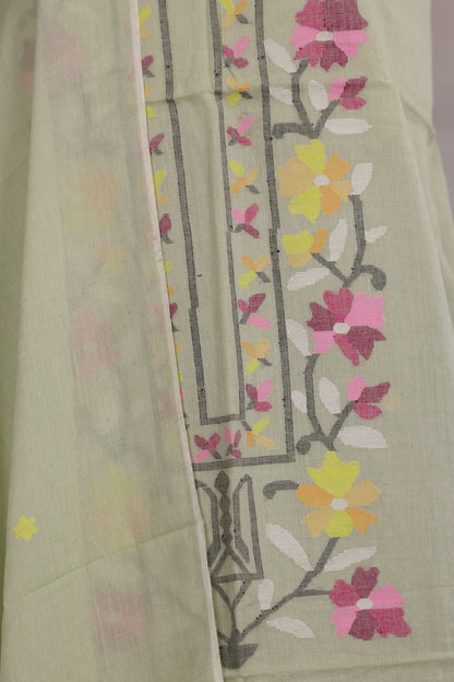 Pastel Green Handwoven Jamdhani weaving pure Malai cotton 2 piece suit sets | Looms & Tassels