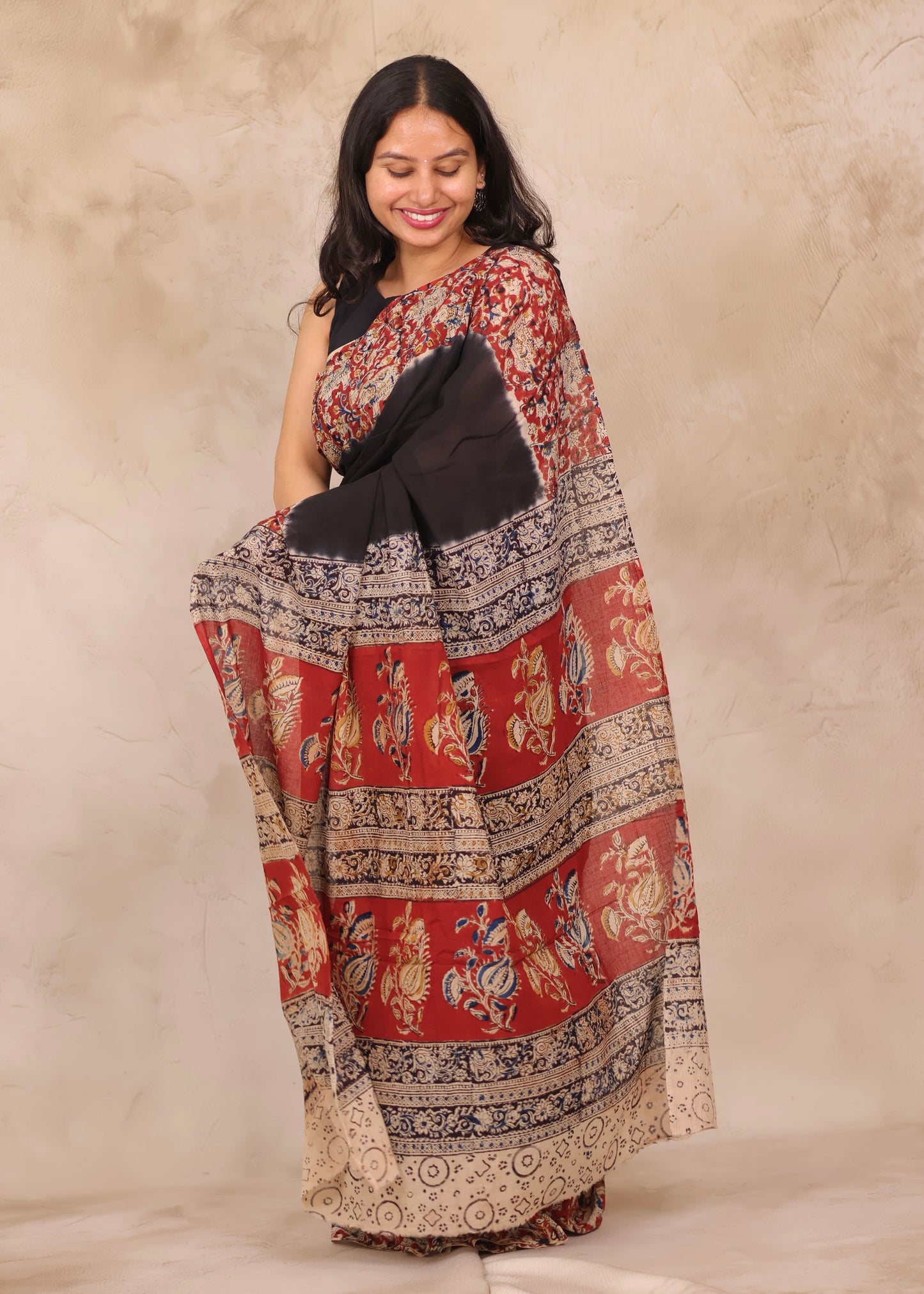 Black Kalamkari Dyeing Pure Cotton Saree