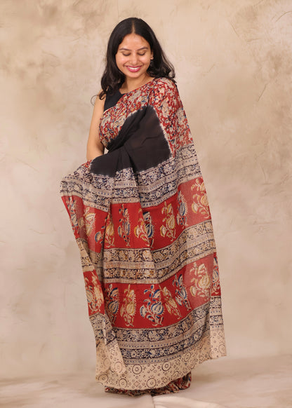 Black Kalamkari Dyeing Pure Cotton Saree
