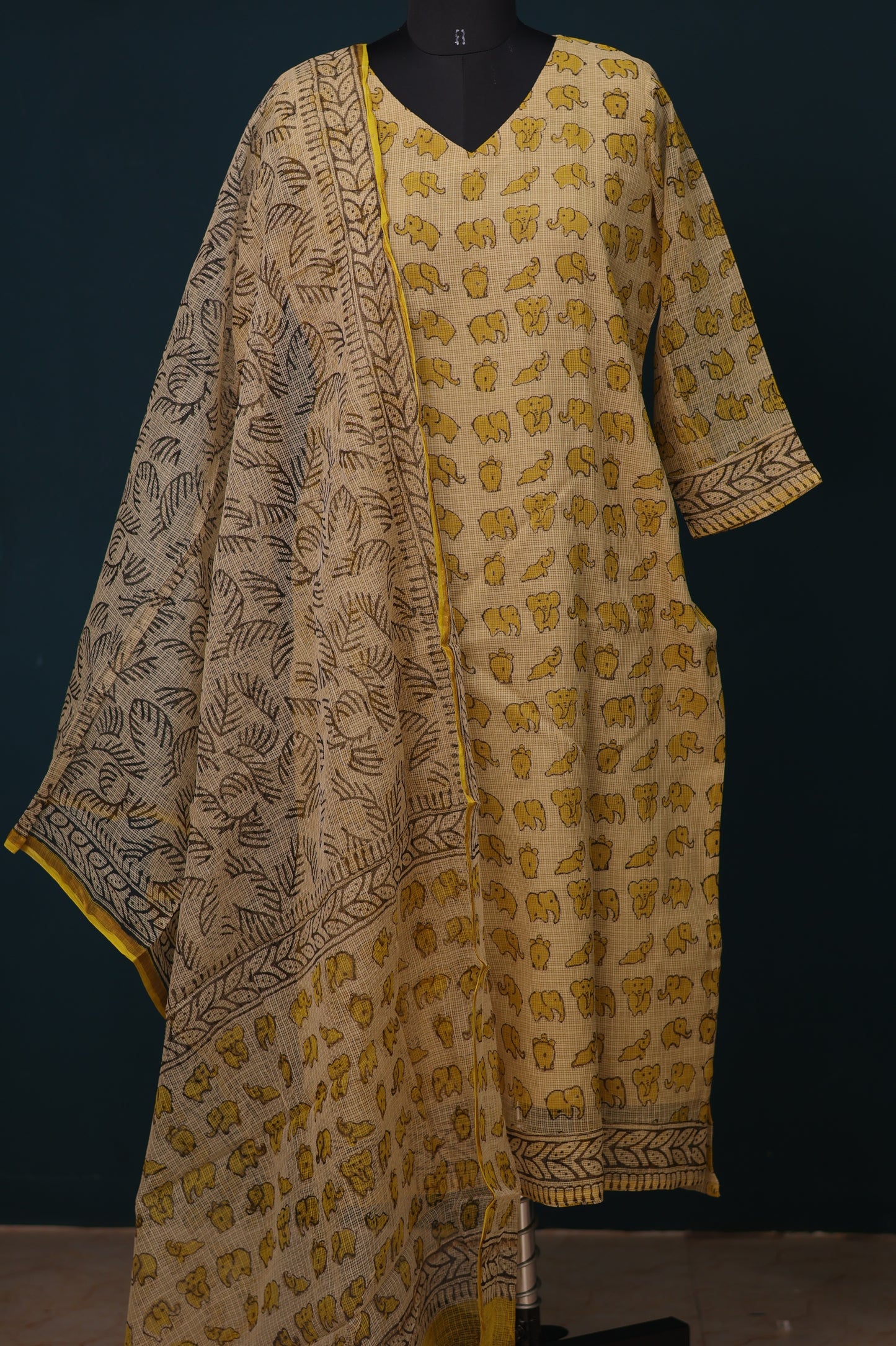 Cream Handblock printed kota 3 piece suit (stitched)