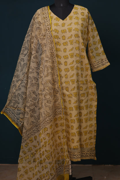 Cream Handblock printed kota 3 piece suit (stitched)