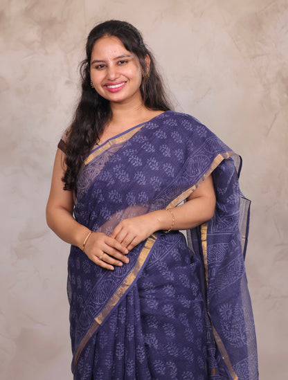 Blue Pure Kota Doria Saree with Bagru Handblock Prints | Looms & Tassels