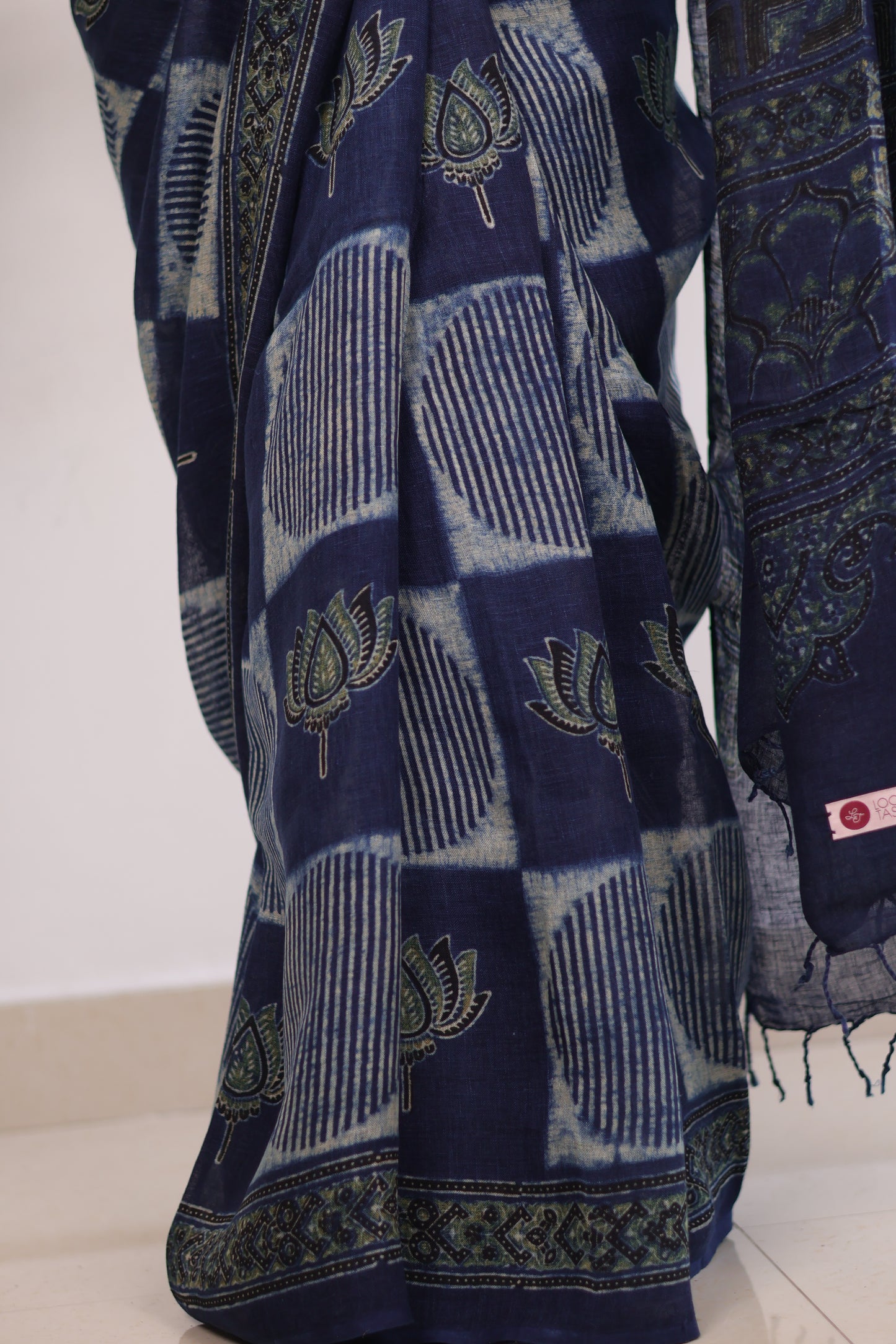 Indigo Pure Linen Ajrakh Handblock Printed Saree