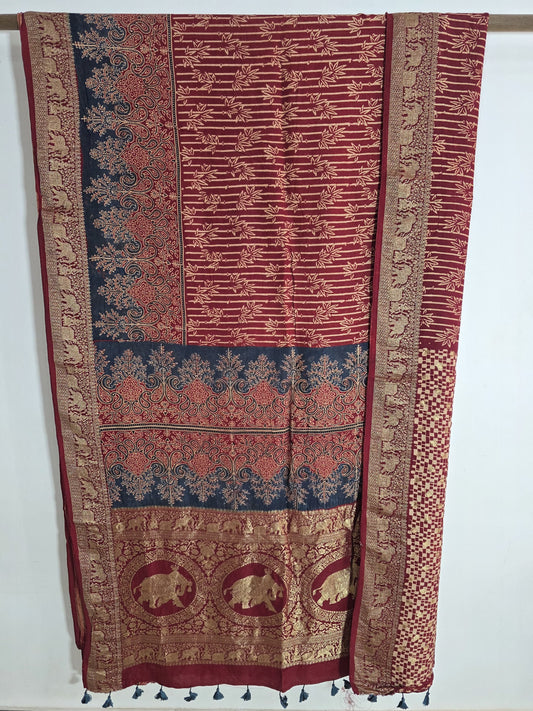 Maroon Ajrakh Dola Silk Saree