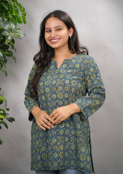 Indigo Ajrakh Hand Block Printed Short Top