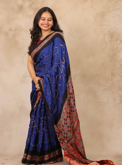 Blue Hand Knotted Bandhej Arakh Modal Silk Saree with Lagdi Pallu | Looms & Tassels