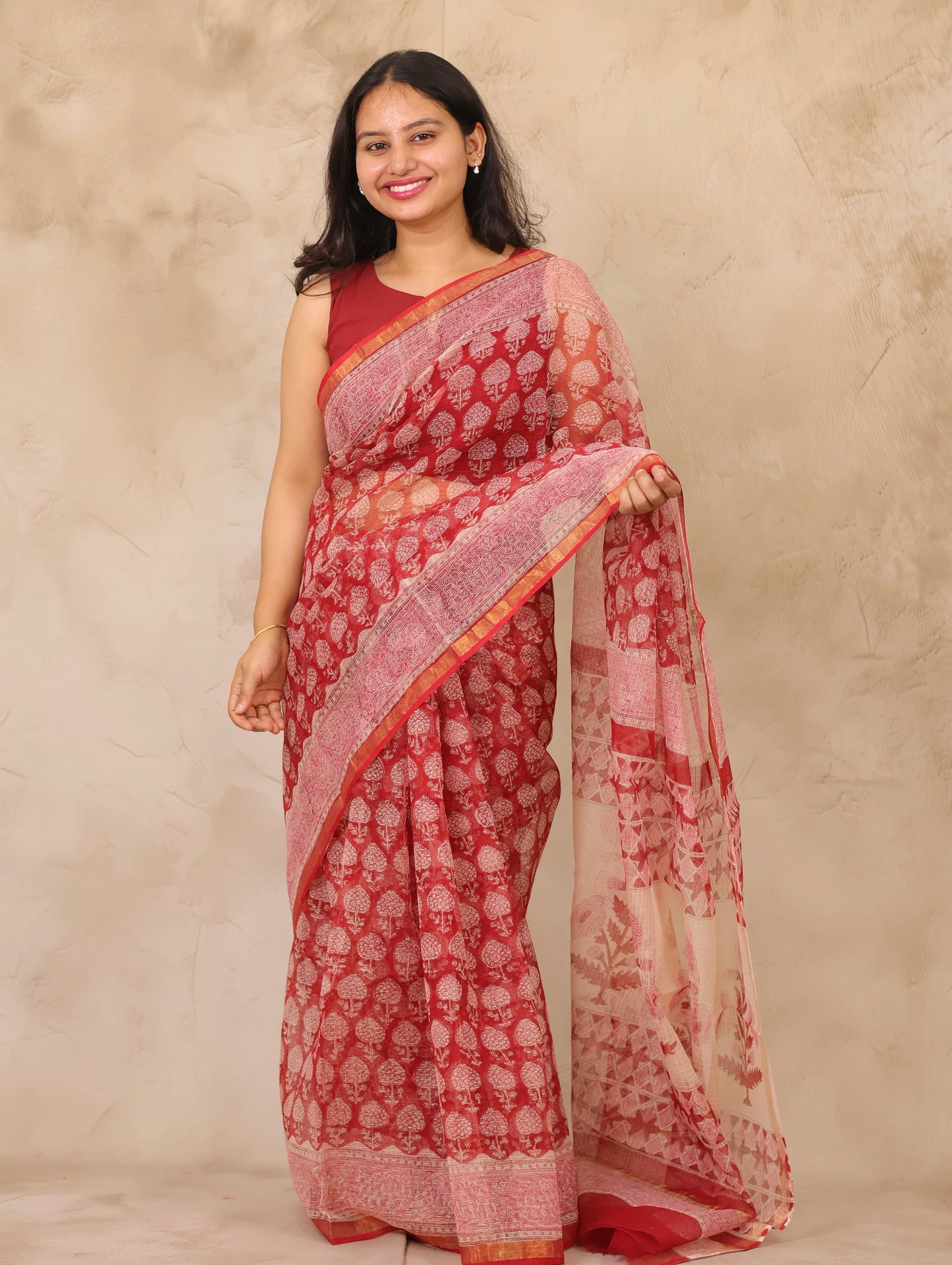 Maroon Pure Kota Doria Saree with Bagru Handblock Prints | Looms & Tassels