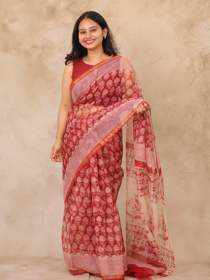 Maroon Pure Kota Doria Saree with Bagru Handblock Prints | Looms & Tassels