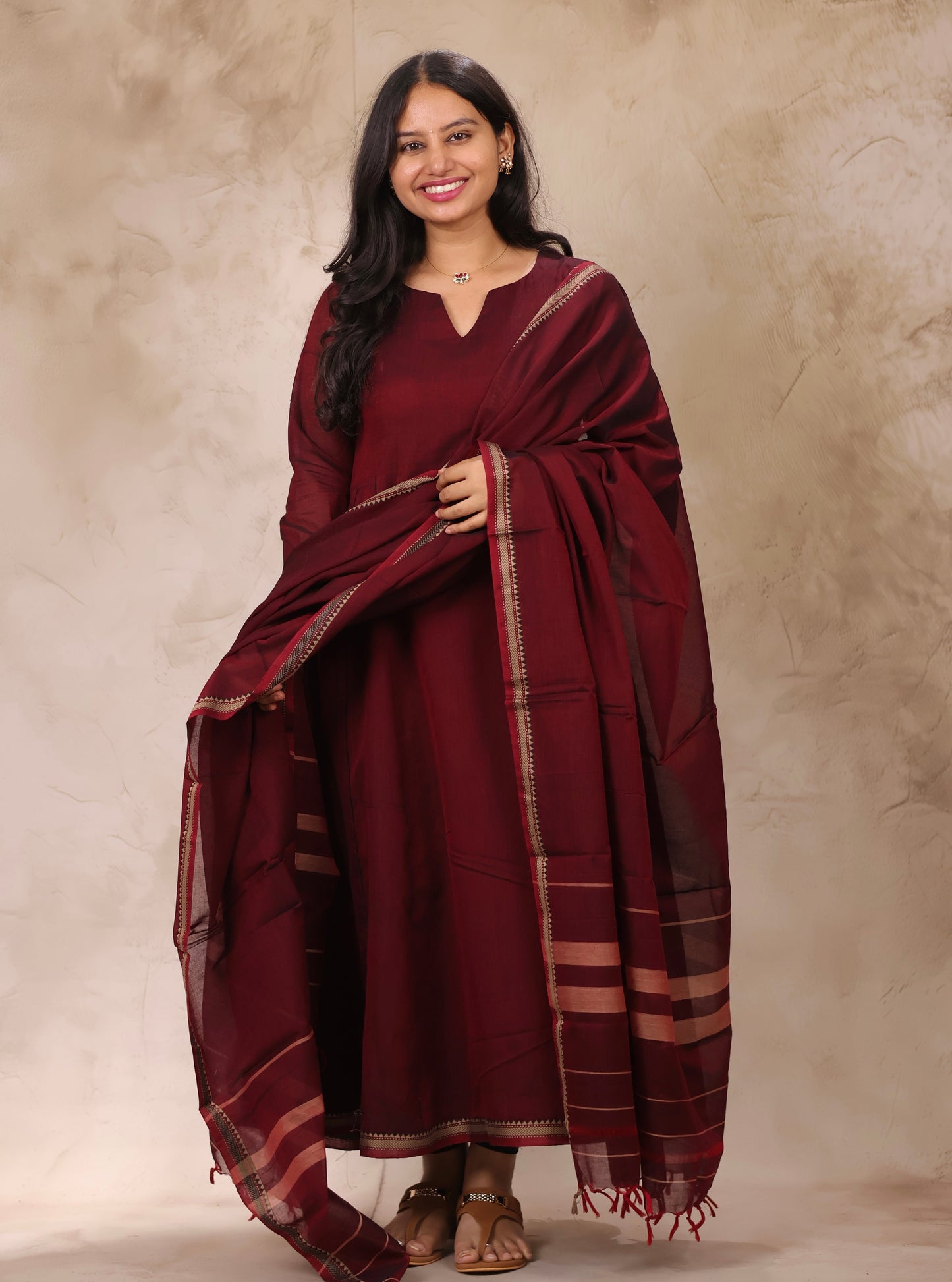 Maroon Narayanpet Cotton Kali Kurta with Narayanpet Dupatta | Looms & Tassels