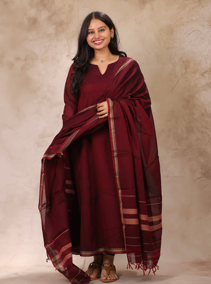Maroon Narayanpet Cotton Kali Kurta with Narayanpet Dupatta | Looms & Tassels