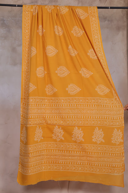 Yellow Bagru Handblock printed MulMul cotton saree