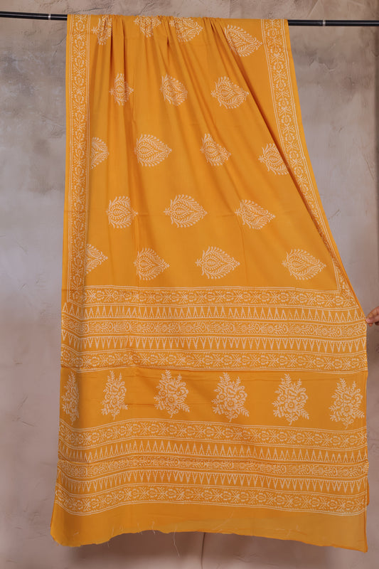 Yellow Bagru Handblock printed MulMul cotton saree