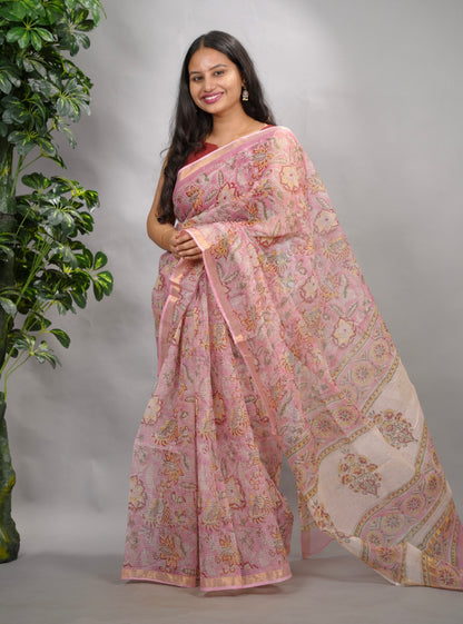 Baby Pink Pure Kota Doria Saree with Bagru Handblock Prints