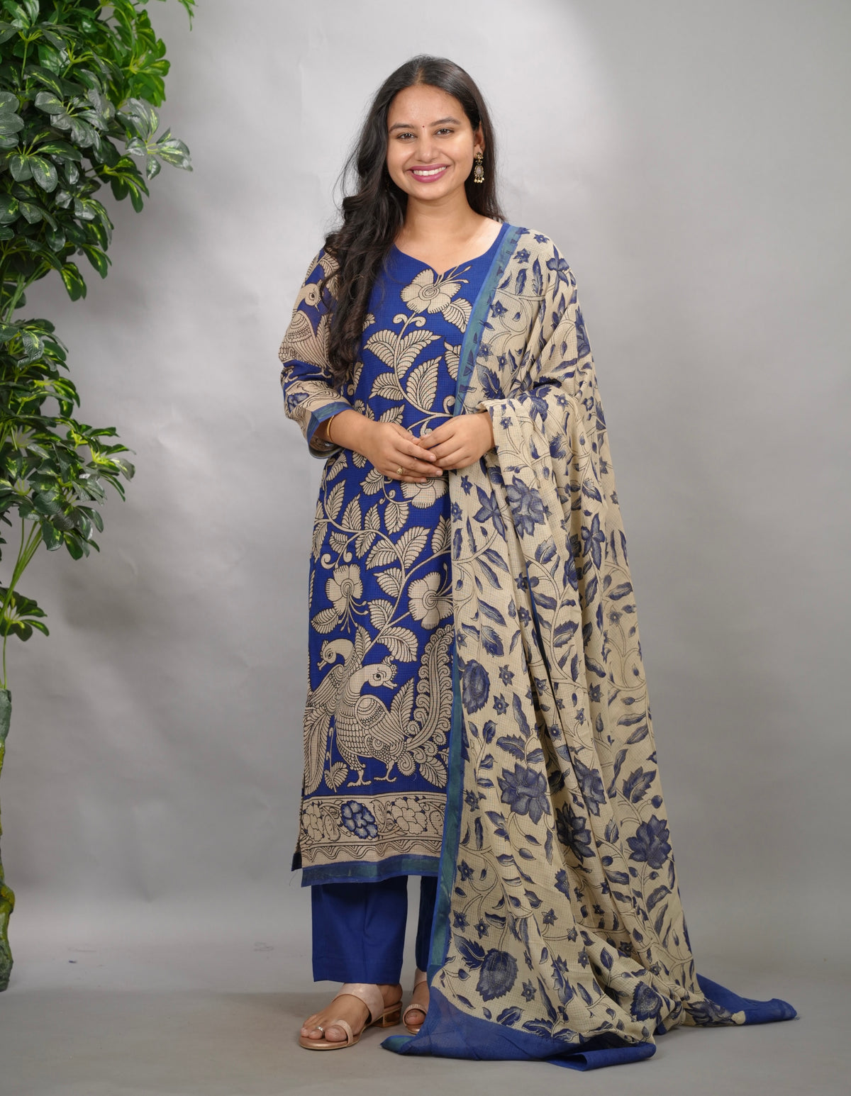 Blue Kalamkari Kota Cotton 3 piece suit (stitched) | Looms & Tassels