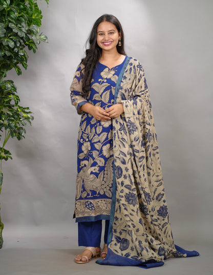 Blue Kalamkari Kota Cotton 3 piece suit (stitched) | Looms & Tassels
