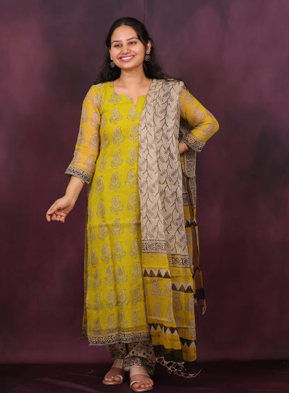 Yellow Handblock printed kota 3 piece suit (stitched)