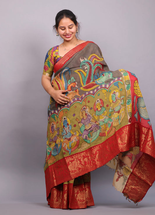 Grey Hand Painted Pen Kalamkari Silk Saree