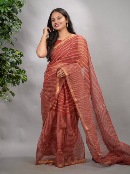 Maroon Stripes Contemporary Pure Kota Doria Saree with Bagru Handblock Prints