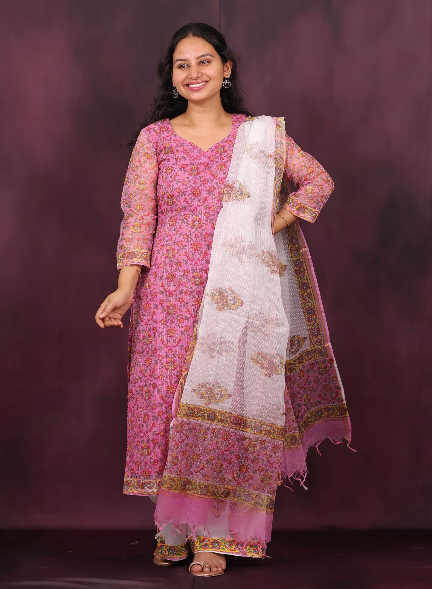 Pink Handblock printed kota 3 piece suit (stitched)