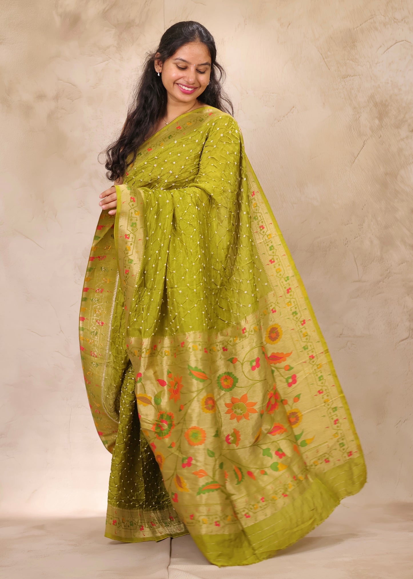 Olive Green Handcrafted Bandhani Paithani Dola Silk Saree | Looms & Tassels