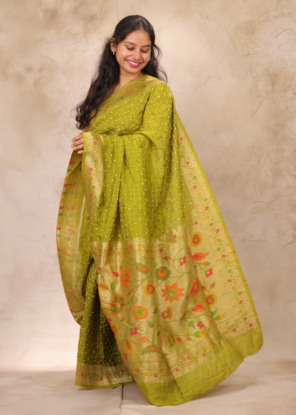 Olive Green Handcrafted Bandhani Paithani Dola Silk Saree | Looms & Tassels