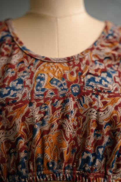Maroon Round Neck Stretchable Hand block printed kalamkari blouse