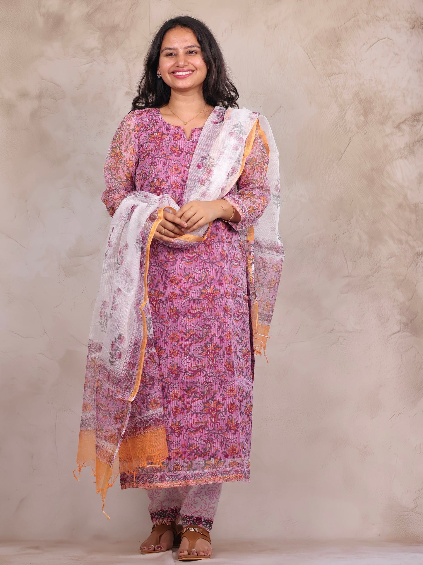 Pink Sangneri Handblock printed kota 3 piece suit (stitched)