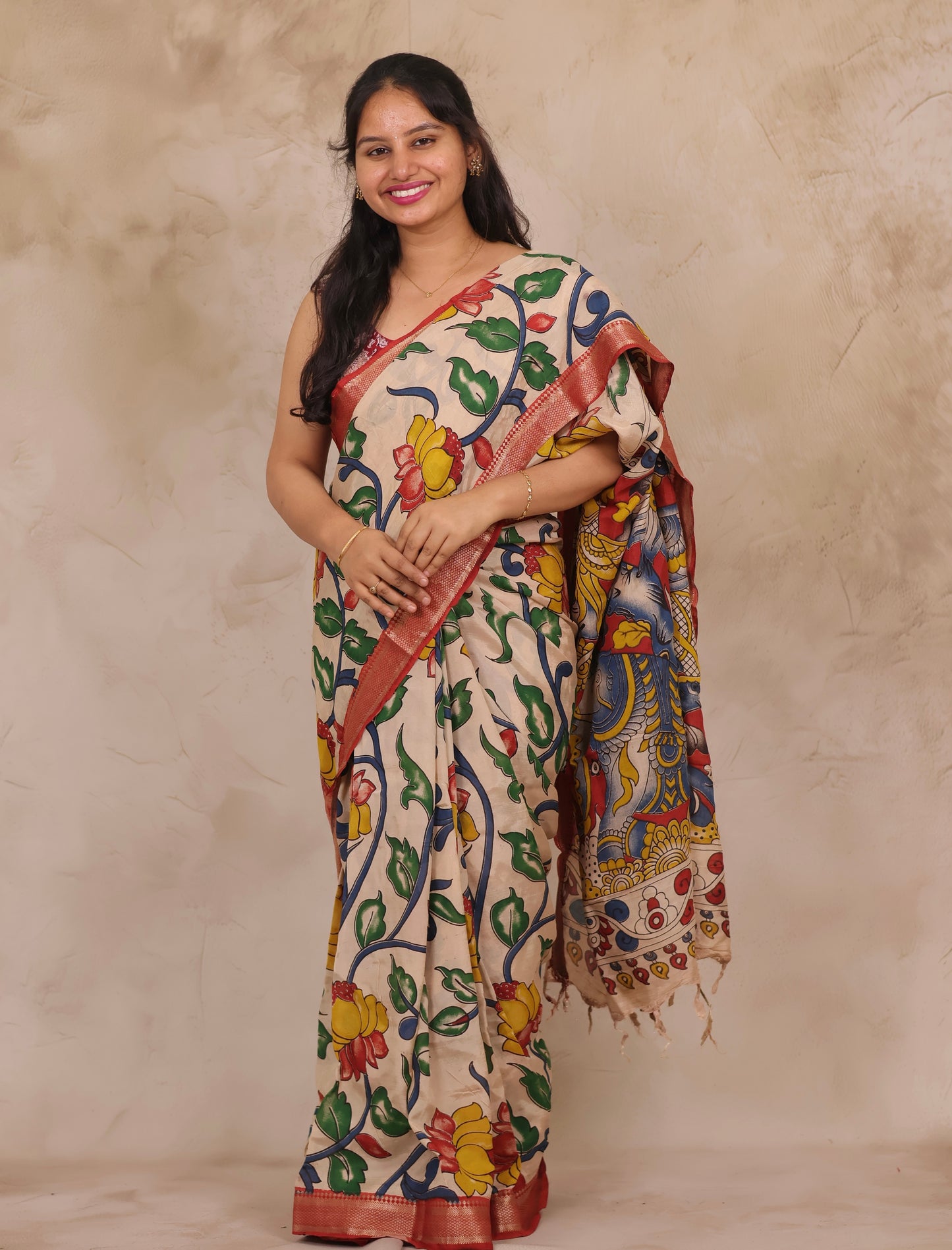 Cream Lotus Kalamkari Nizam Border Chennur Silk Saree | Looms & Tassels