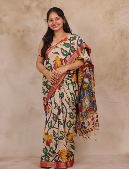 Cream Lotus Kalamkari Nizam Border Chennur Silk Saree | Looms & Tassels