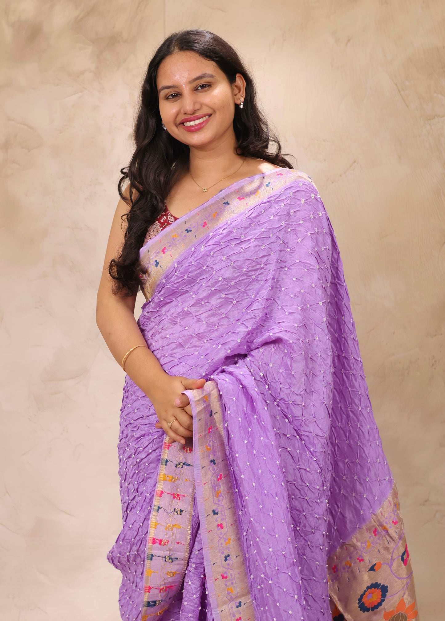 Pastel Lavender Handcrafted Bandhani Paithani Dola Silk Saree | Looms & Tassels
