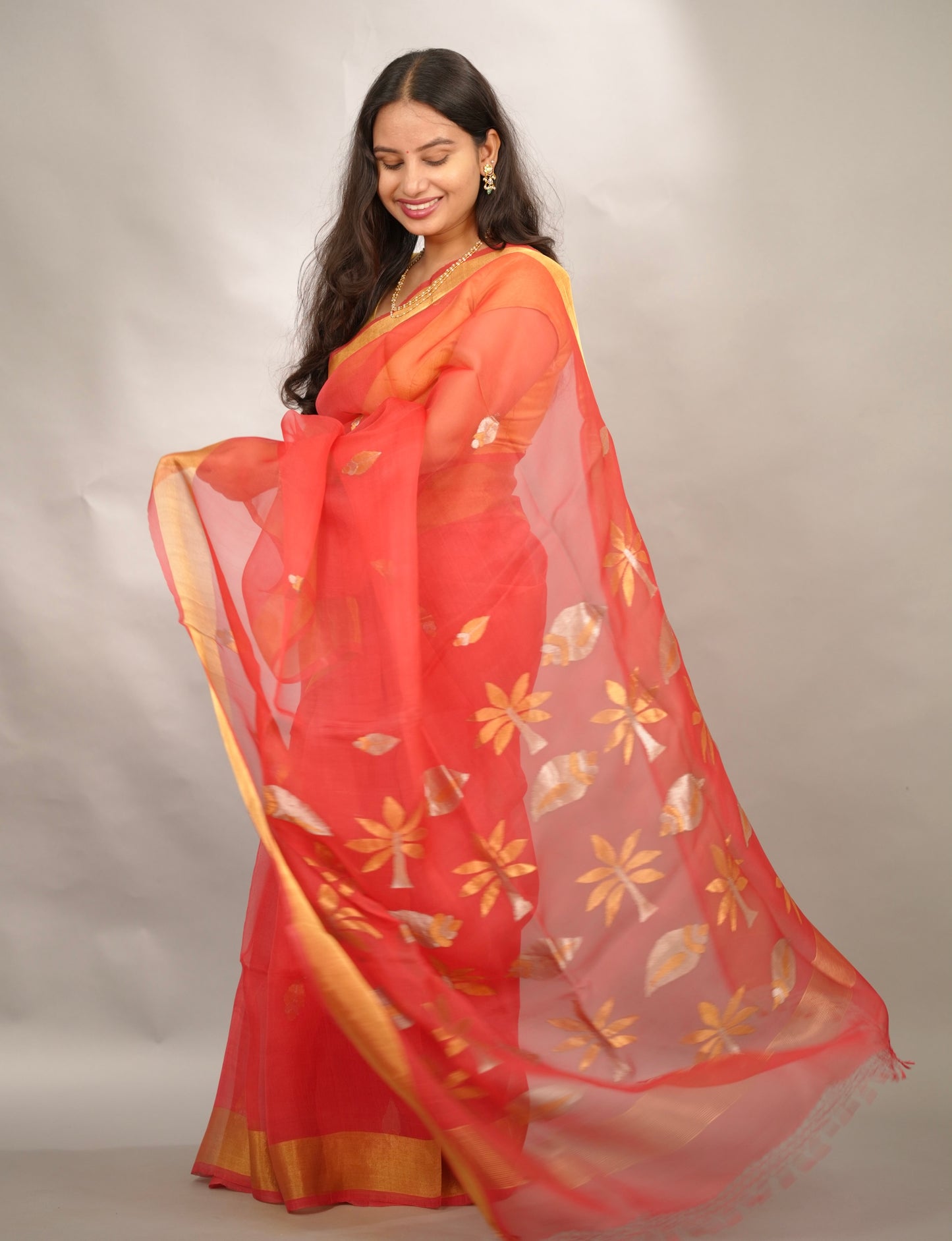 Orange Handloom Muslin Silk Saree With jamdhani weaving | Looms & Tassels