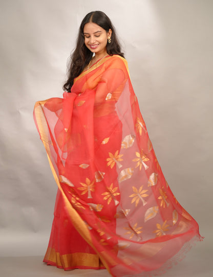 Orange Handloom Muslin Silk Saree With jamdhani weaving | Looms & Tassels