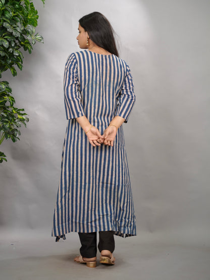 Blue Ajrakh Pattern Hand Block printed Aline Kurti | Looms & Tassels
