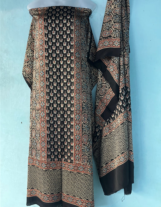 Black Traditional Ajrakh Handblock Printed Modal Silk 2 Piece Suit Set