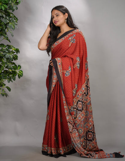 Maroon Ajrakh Modal Silk Hand Embroidery Saree  | Looms & Tassels