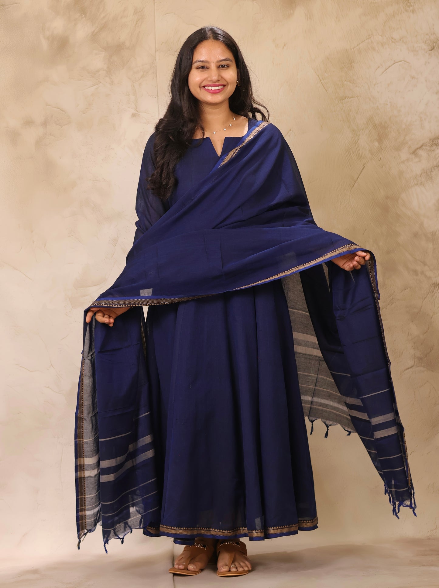 Blue Narayanpet Cotton Kali Kurta with Narayanpet Dupatta | Looms & Tassels