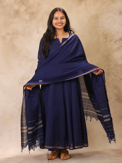 Blue Narayanpet Cotton Kali Kurta with Narayanpet Dupatta | Looms & Tassels