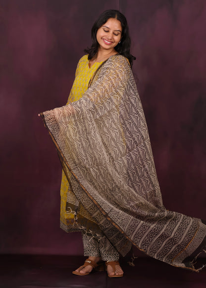 Yellow Handblock printed kota 3 piece suit (stitched)